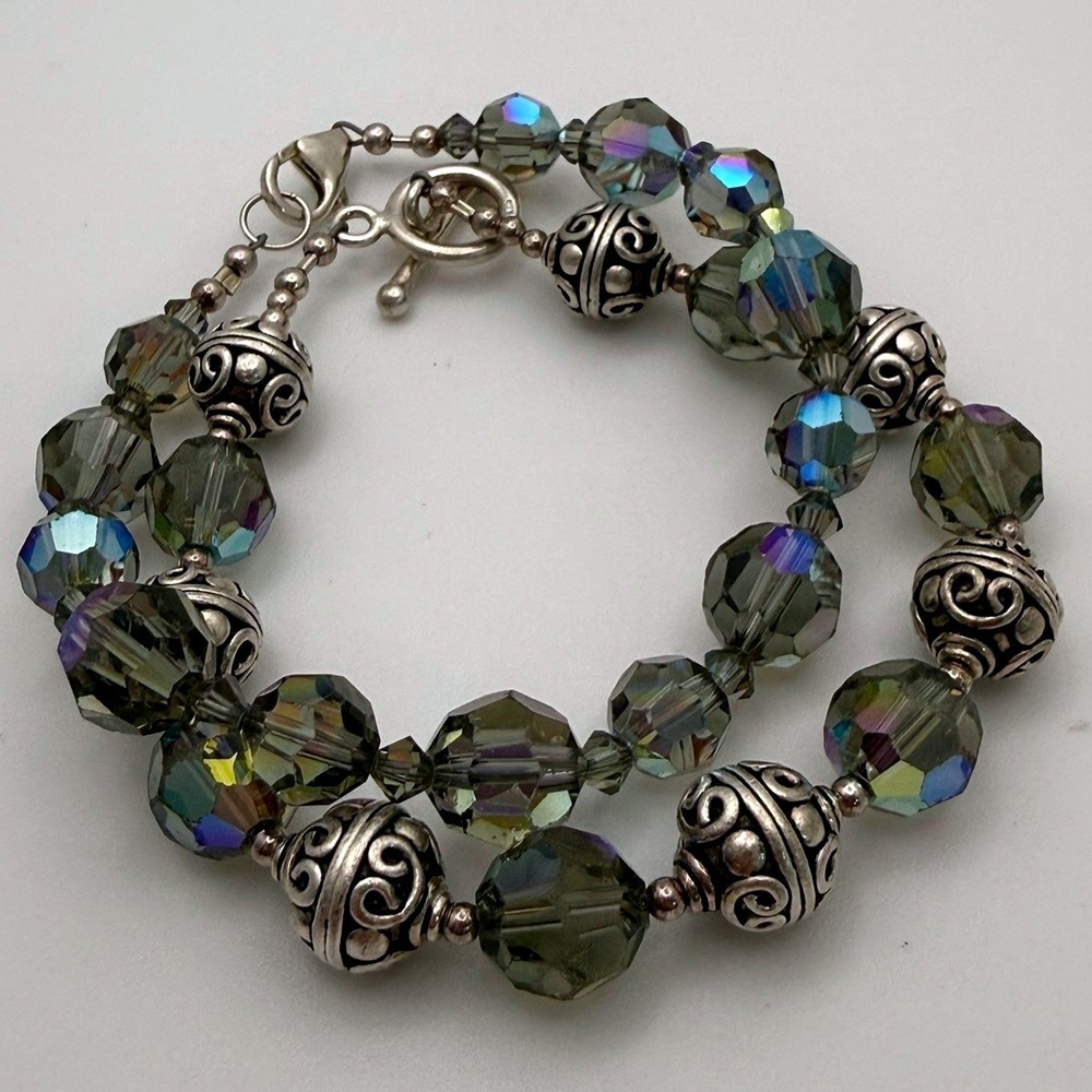 Swarovski Crystal Sterling Silver Bali Bead Bracelet Set of 2 JF56